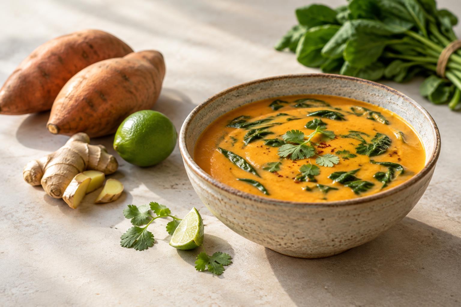 Ginger-Lime Sweet Potato Soup with Tender Greens
