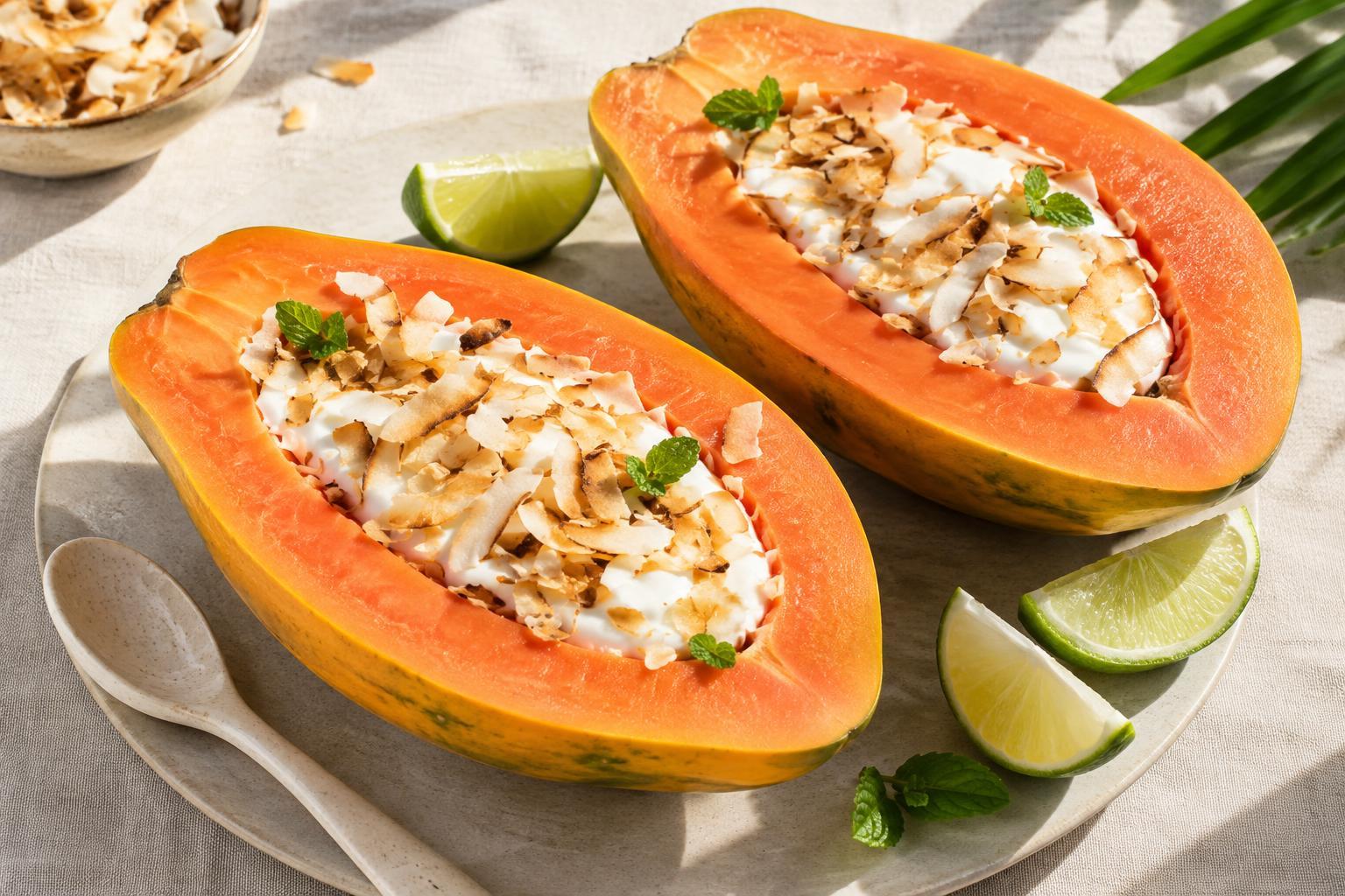 Papaya Breakfast Bowls with Yogurt and Toasted Coconut